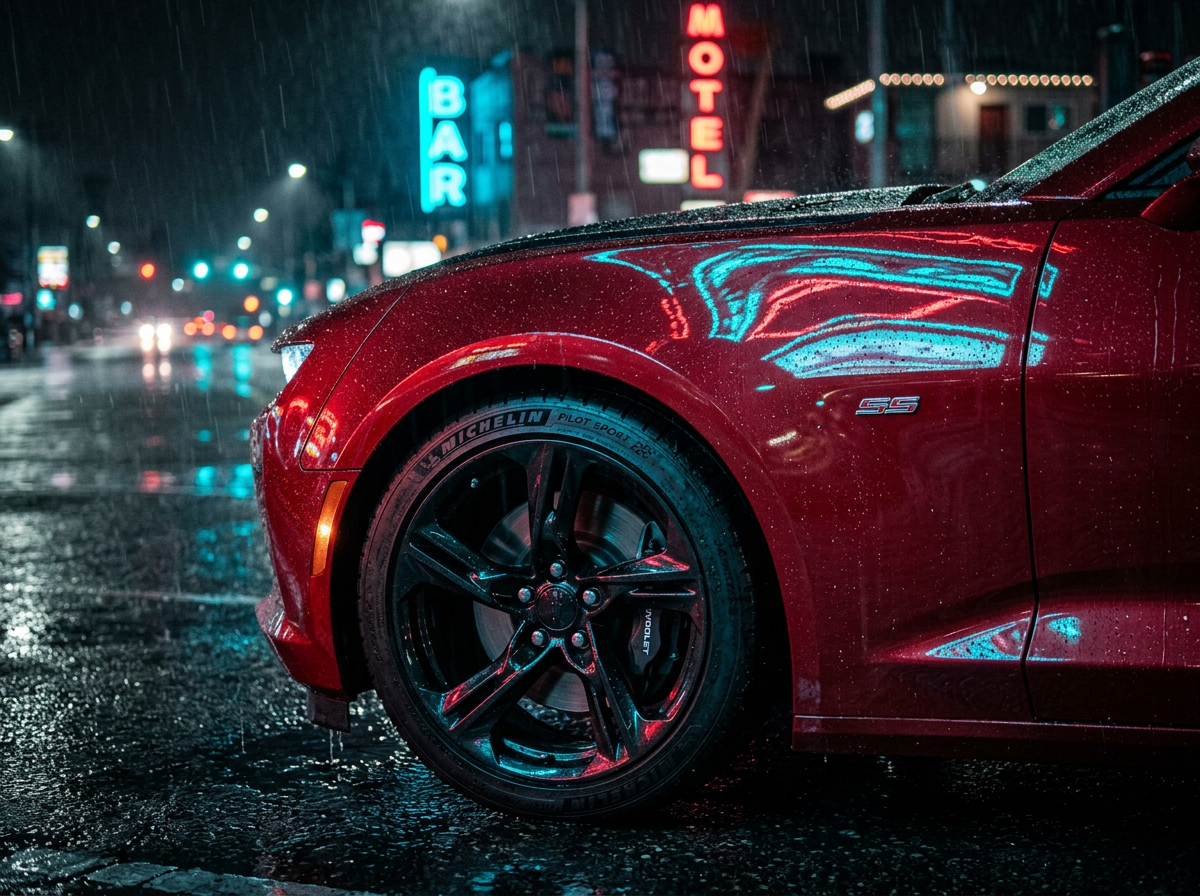 Close-up detail render of red Camaro SS wheel and wet paint reflections at night
