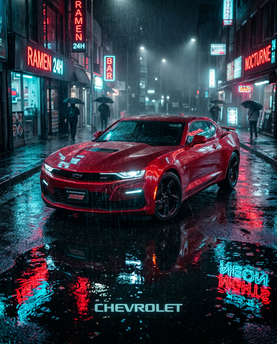 Cinematic render of a red Camaro SS on a rain-soaked street with neon reflections