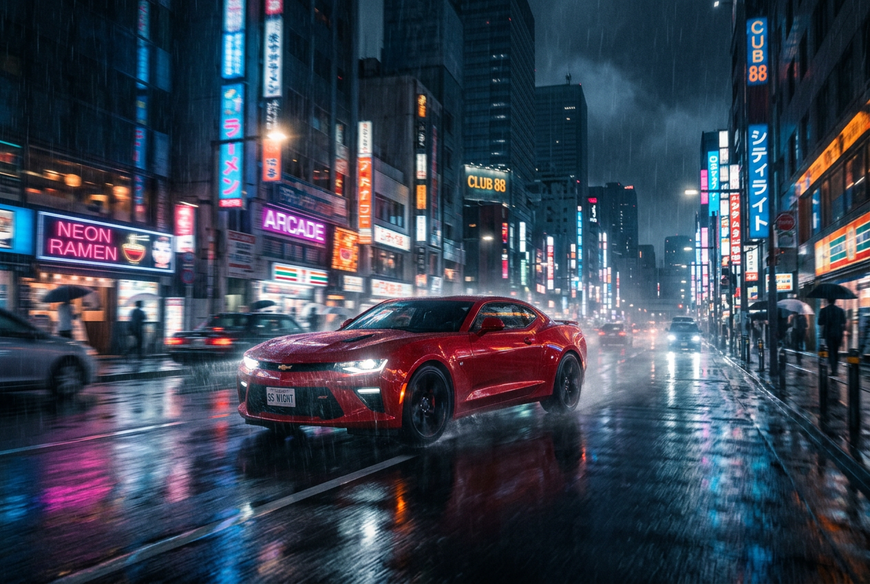 Wide cinematic shot of a red Camaro SS driving through a rainy neon-lit street